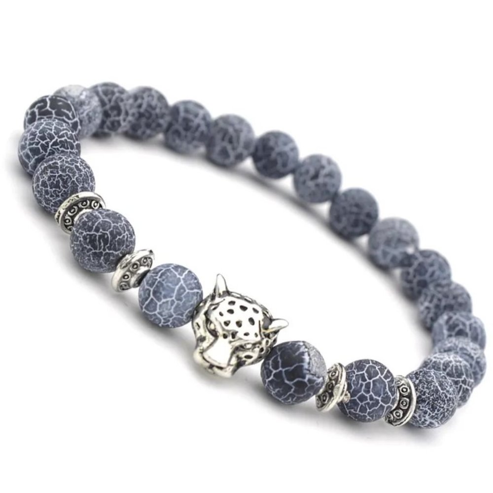 Unisex Blue Agate Stone & Silver Leopard Head Beaded Bracelet NEW